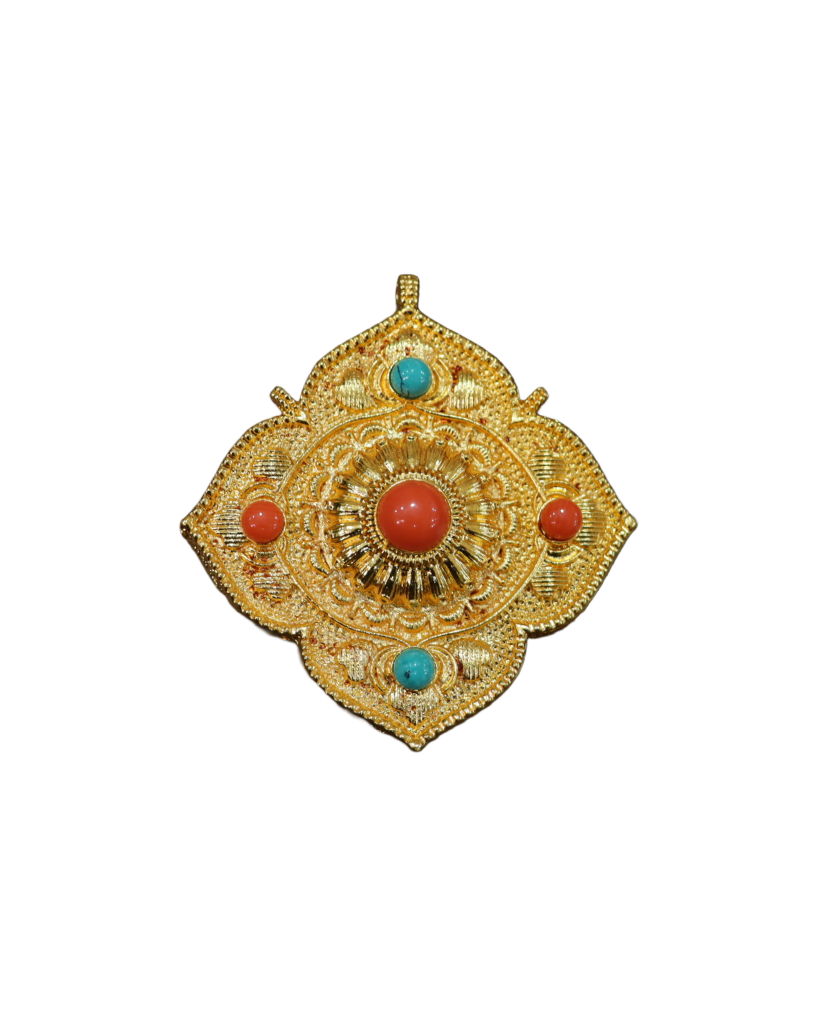 Gold-Plated Tibetan Ghau Amulet / Prayer Box Pendant with Coral & Turquoise Stones