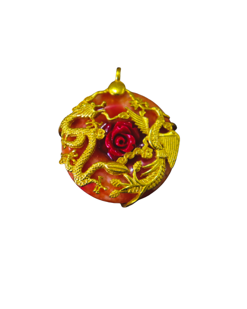 Hand-Carved Red Jade Dragon & Rose Pendant in Yellow Gold Plate