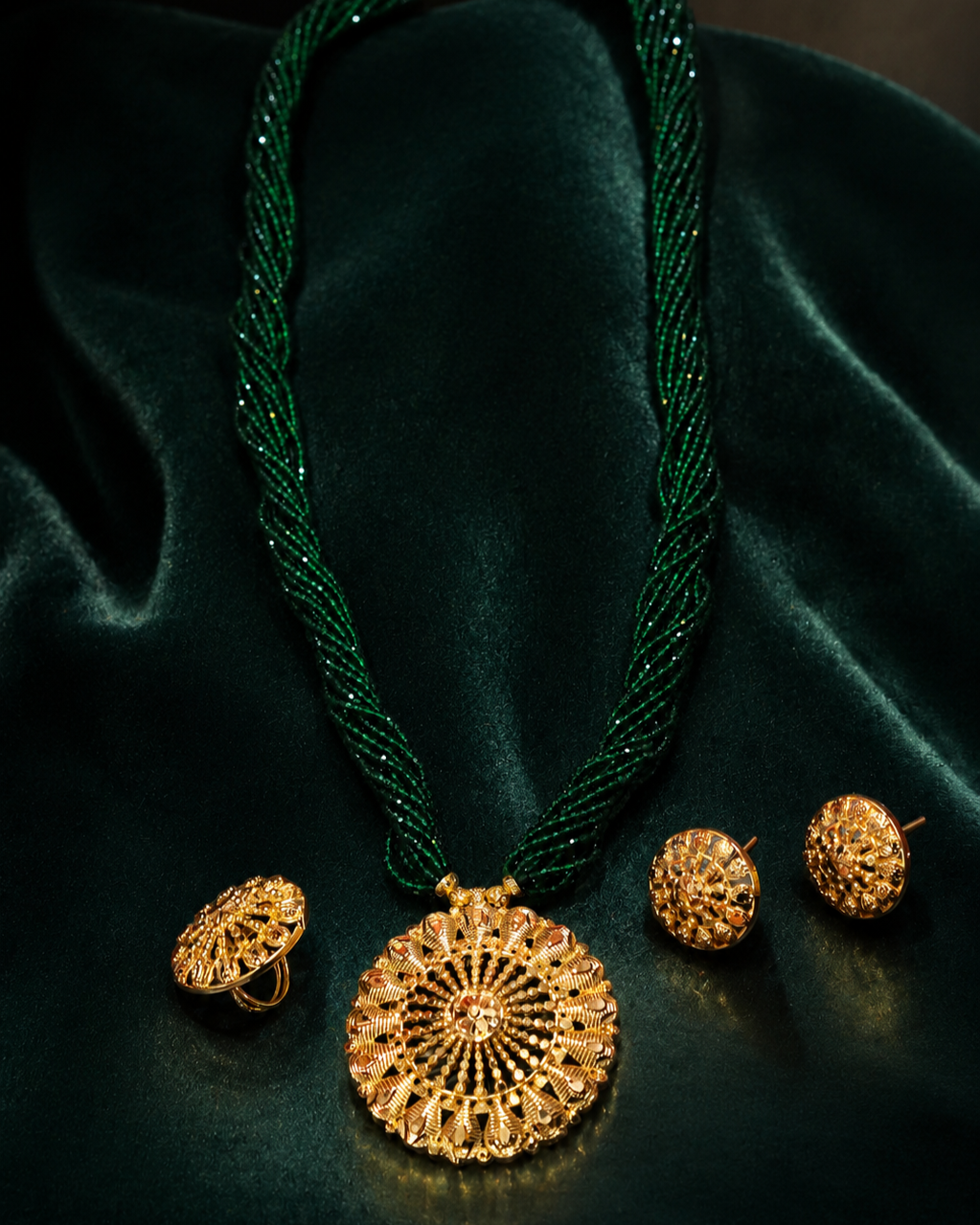 Traditional Nepalese Green Bead Necklace Set with Gold-Plated Circular Pendant & Matching Earrings