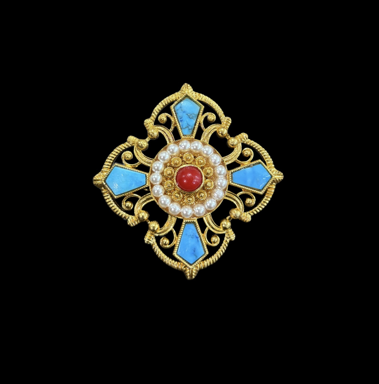 Gold-Tone Maltese Cross Brooch – Faux Turquoise, Imitation Pearls & Red Cabochon – KJL or Sphinx Style