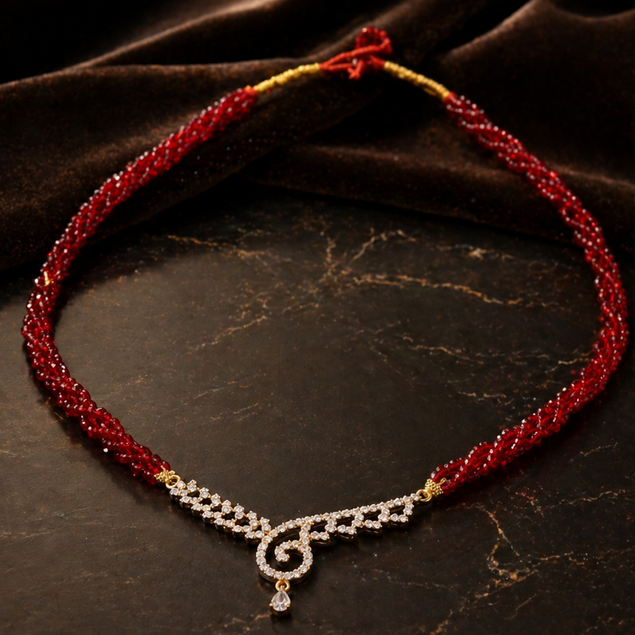 Gold-Plated American Diamond Mangalsutra with Red Hydro Potey Beads