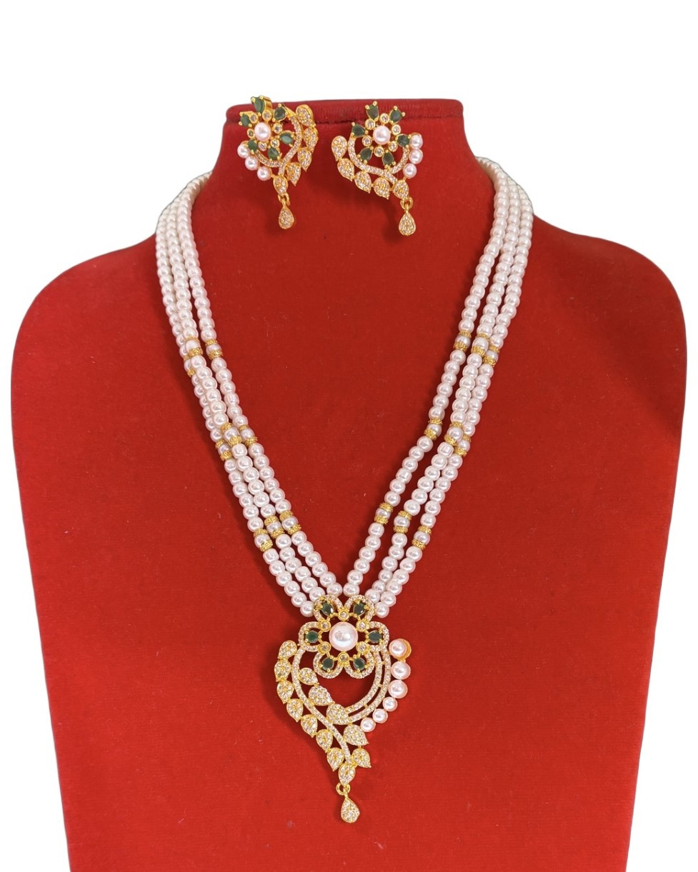 Opulent Pearl Necklace Set with Intricate Gold-Plated Pendant & Matching Earrings