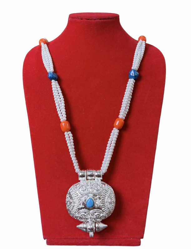 Hand-Carved Tibetan Ghau (Treasure Vase) Locket Necklace | Pure Silver Pendant with Filigree & Turquoise & Coral Beads | Multi-Strand Pearl Mala