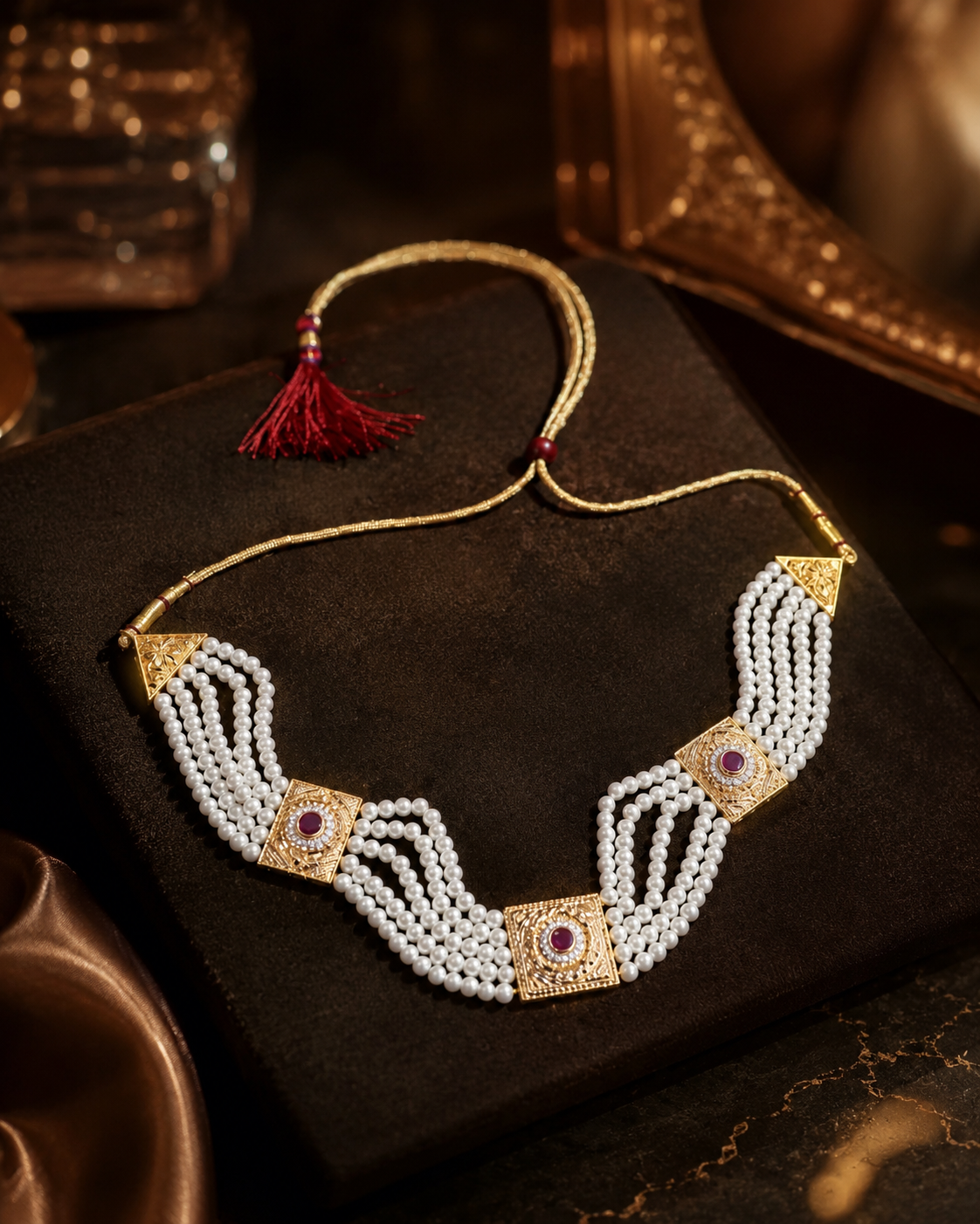 Traditional Pearl Choker Necklace Set with Kundan Work & Ruby-Colored Stones for Women