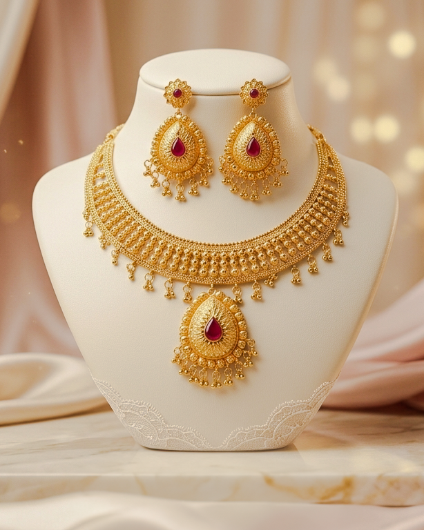 Royal Ruby Drop Gold Necklace Set